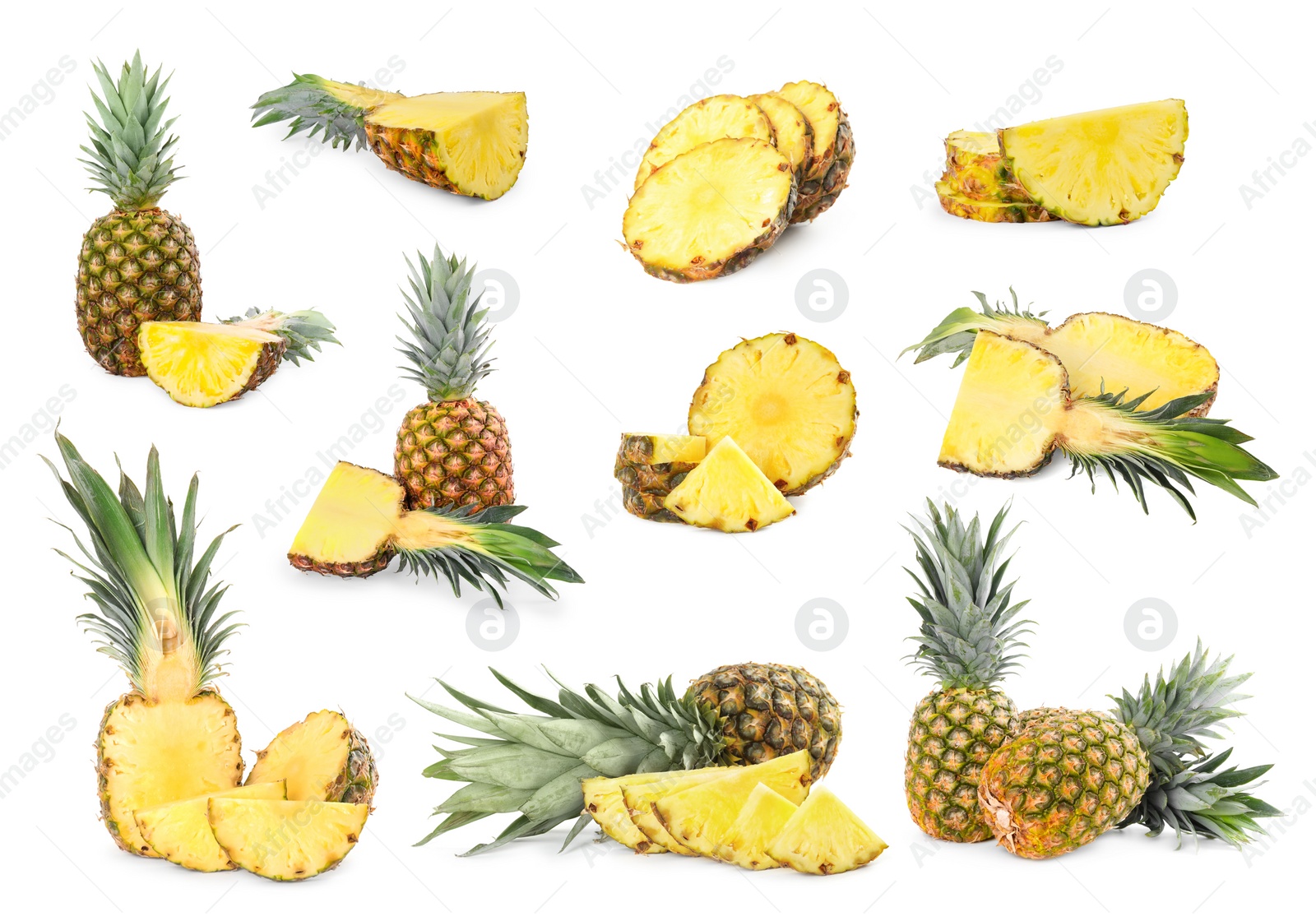 Image of Set with cut and whole pineapples isolated on white