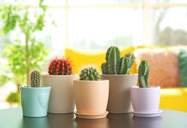 Photo of Beautiful cacti in flowerpots on table indoors
