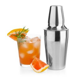 Photo of Metal shaker and delicious cocktail with grapefruit isolated on white