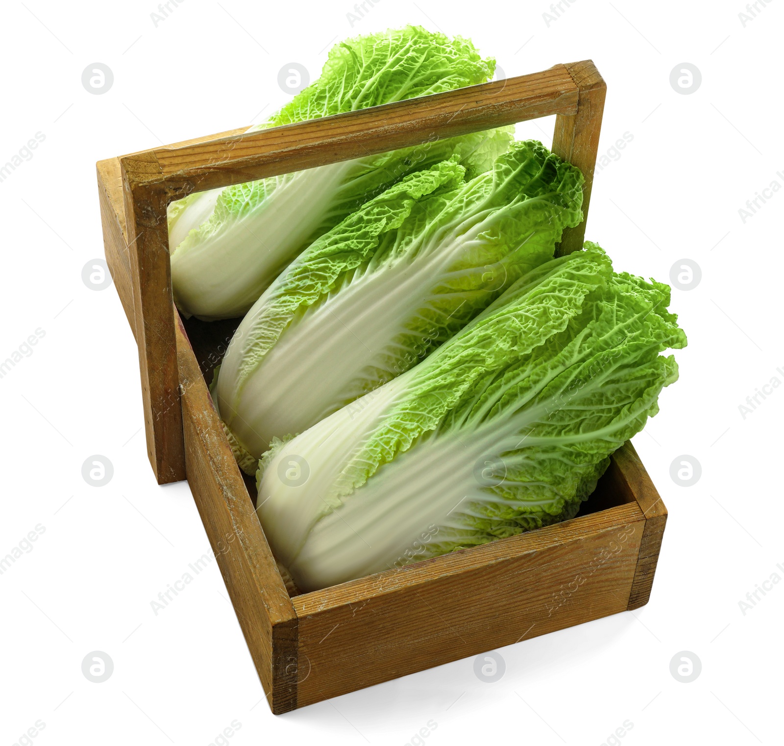 Photo of Fresh tasty Chinese cabbages in wooden crate on white background