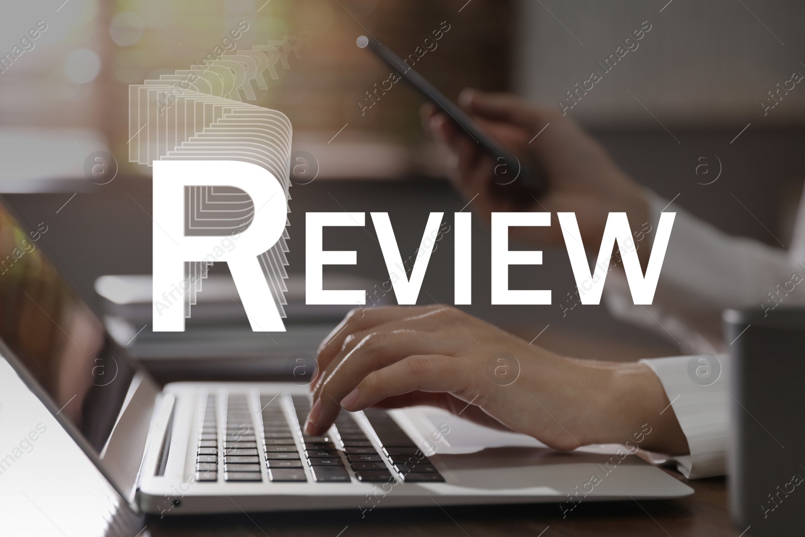 Image of Online review. Woman using laptop and mobile phone to leave feedback, closeup