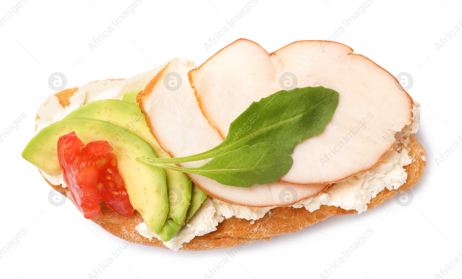 Photo of Delicious chicken bruschetta on white background, top view