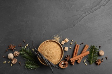 Photo of Different aromatic spices and fir branches on dark textured table, flat lay. Space for text