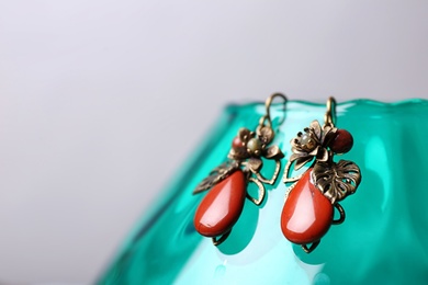 Photo of Beautiful pair of metal earrings with red jasper gemstones on glass stand against light grey background. Space for text