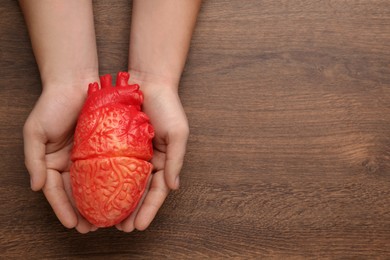 Man holding heart model on wooden background, top view and space for text. Cardiology concept