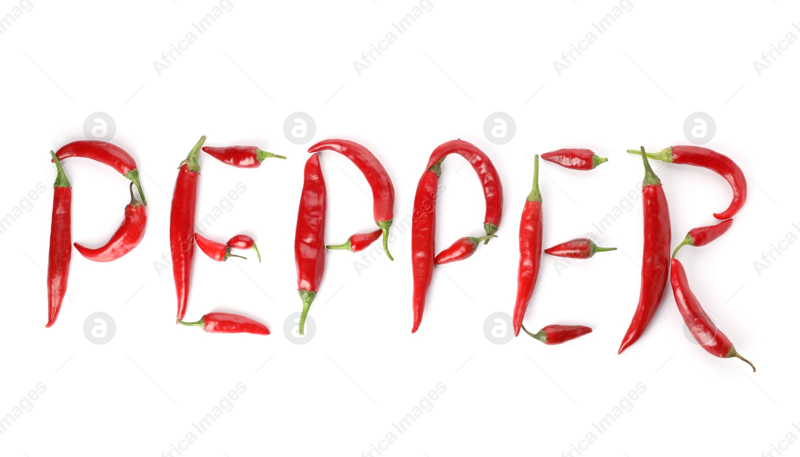 Photo of Word PEPPER made with red chili pods on white background, top view