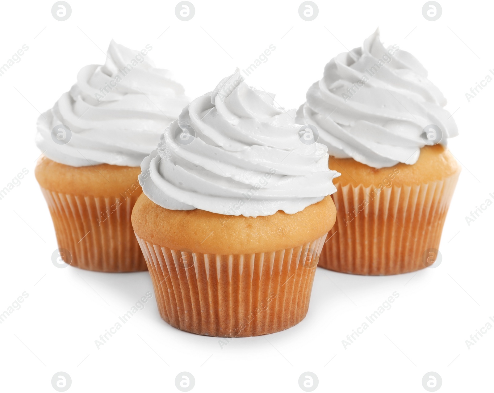 Photo of Delicious cupcakes decorated with cream on white background