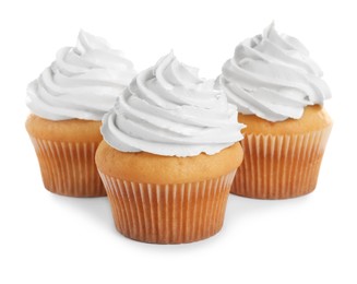 Photo of Delicious cupcakes decorated with cream on white background