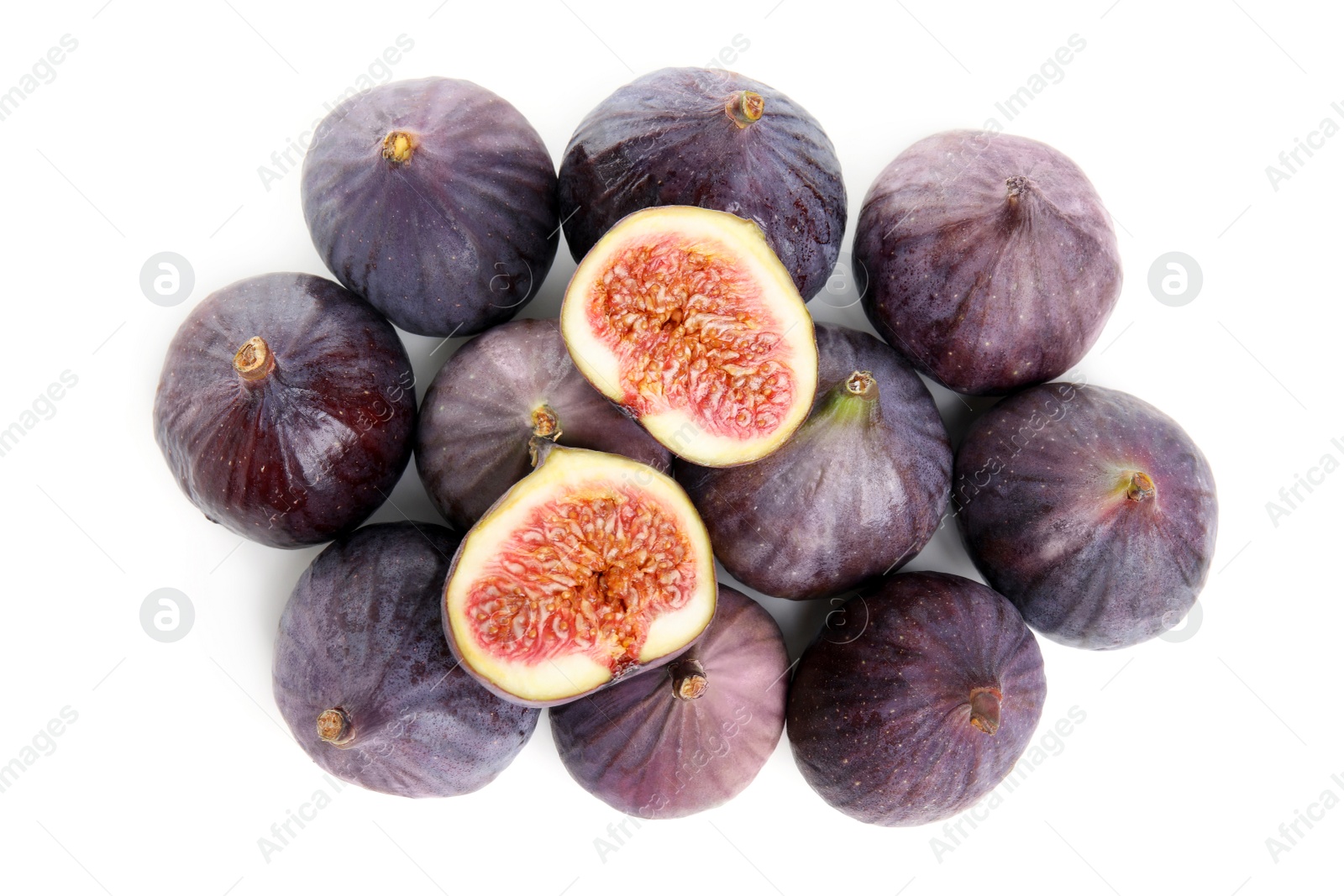 Photo of Whole and cut fresh figs isolated on white, top view