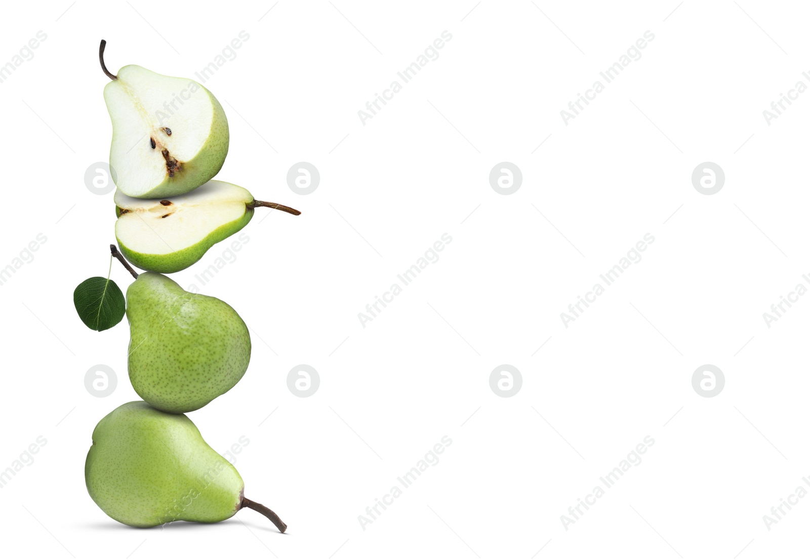 Image of Cut and whole fresh ripe pears on white background