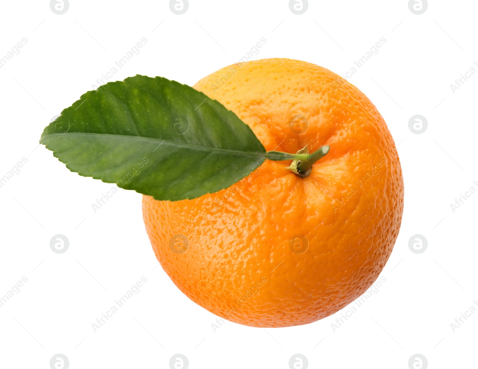 Photo of Fresh ripe orange with green leaf isolated on white, top view