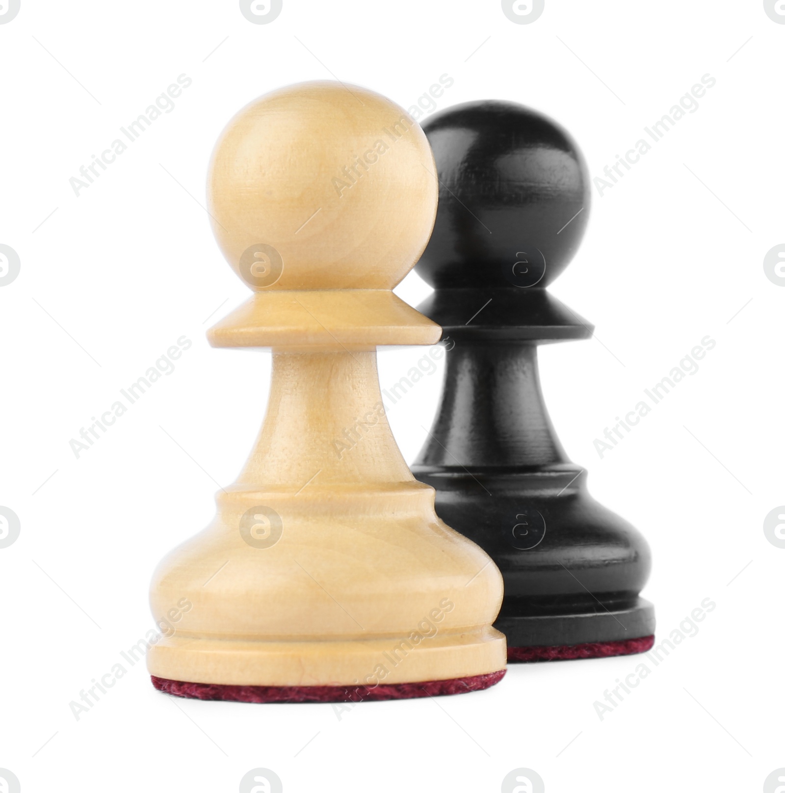 Photo of Different pawns on white background. Chess pieces