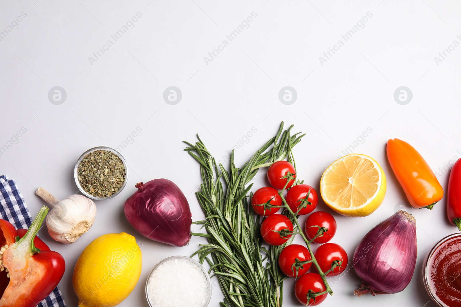 Photo of Flat lay composition with ingredients for cooking on white background. Space for text