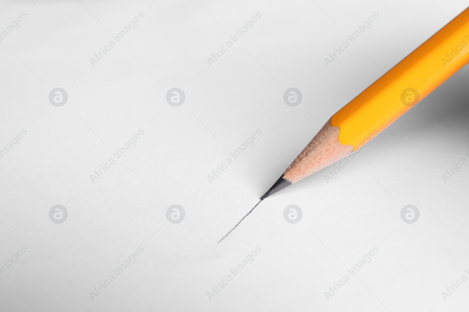 Photo of One sharp graphite pencil drawing on white background, above view. Space for text