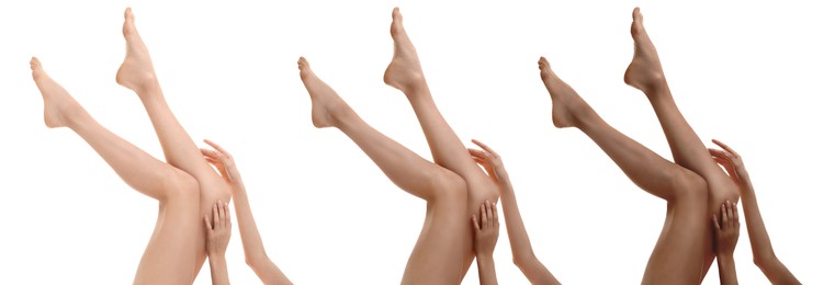 Collage with photos of women with smooth silky skin after epilation, closeup view of legs. Banner design