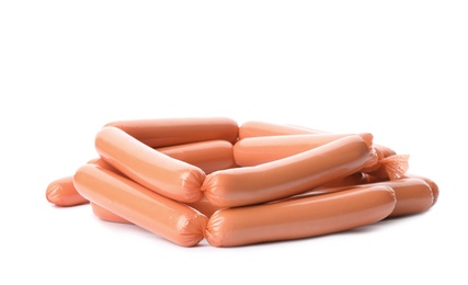 Photo of Encased sausages on white background. Meat product