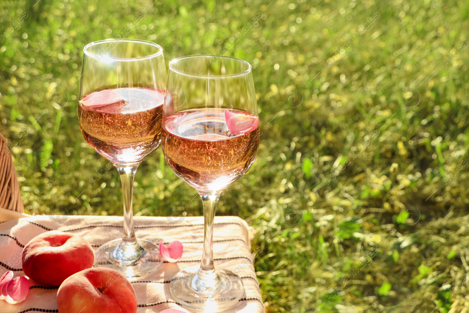 Photo of Glasses of delicious rose wine with petals and peaches on white picnic blanket outside. Space for text