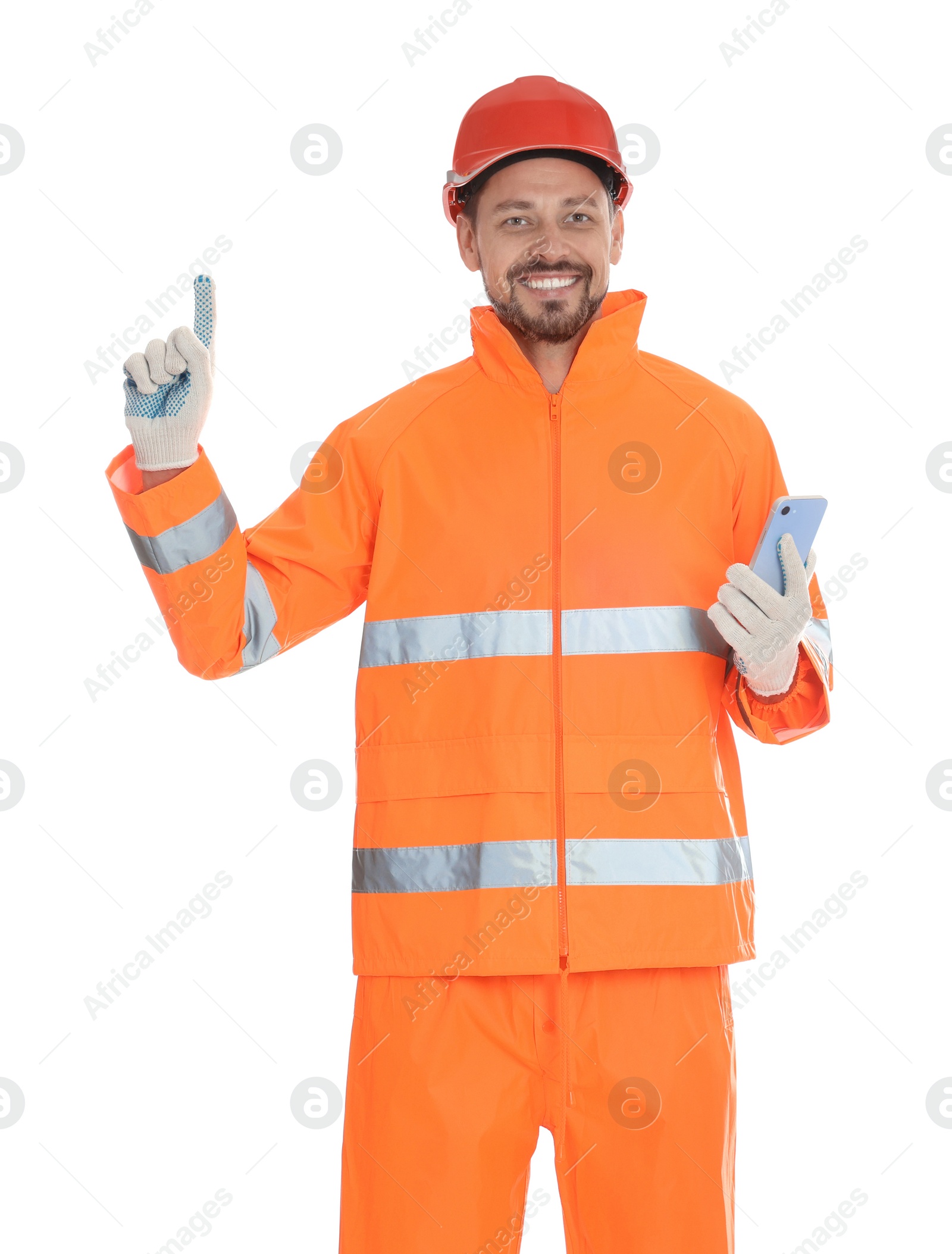 Photo of Man in reflective uniform with phone on white background