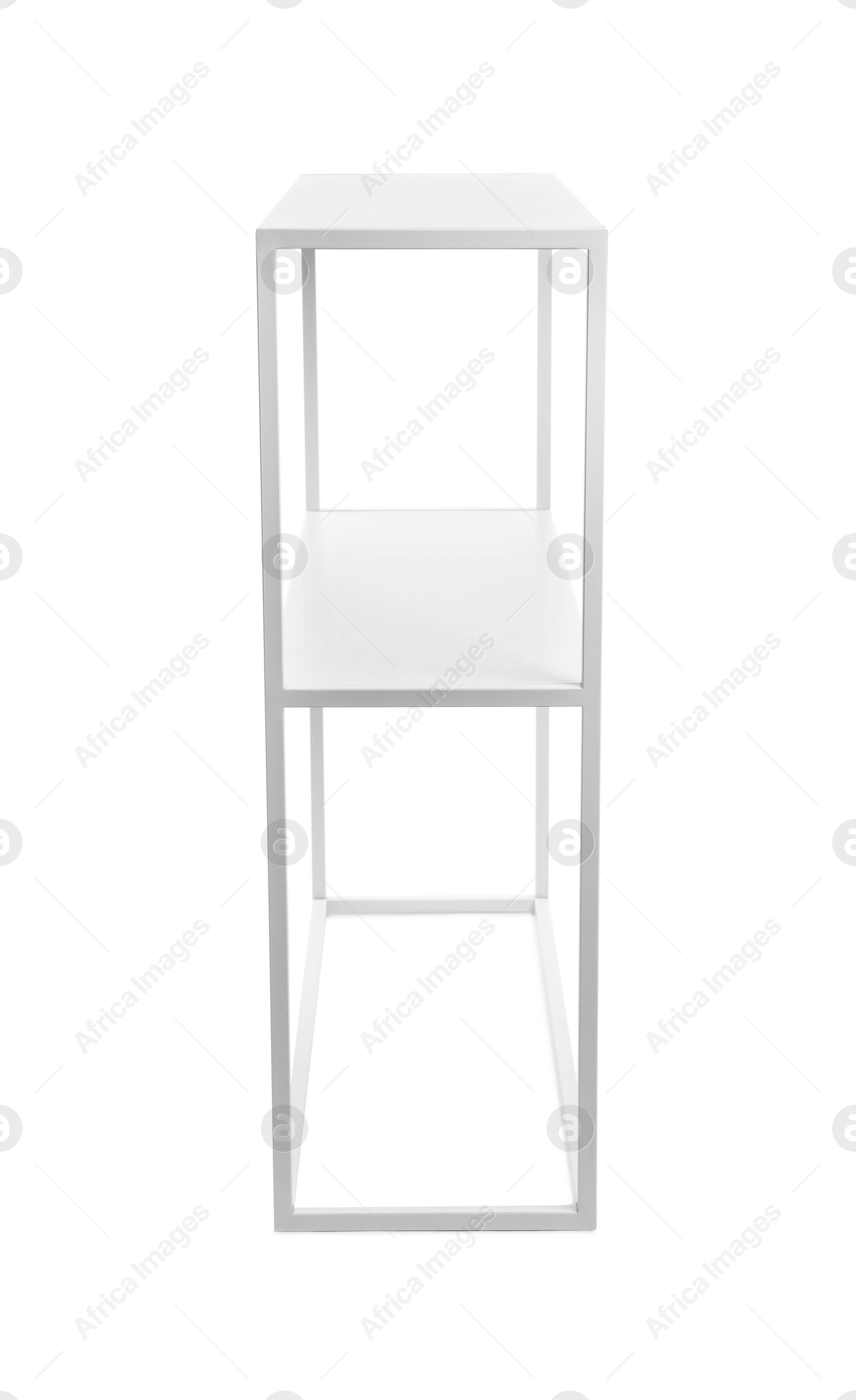 Photo of Empty modern shelving unit isolated on white