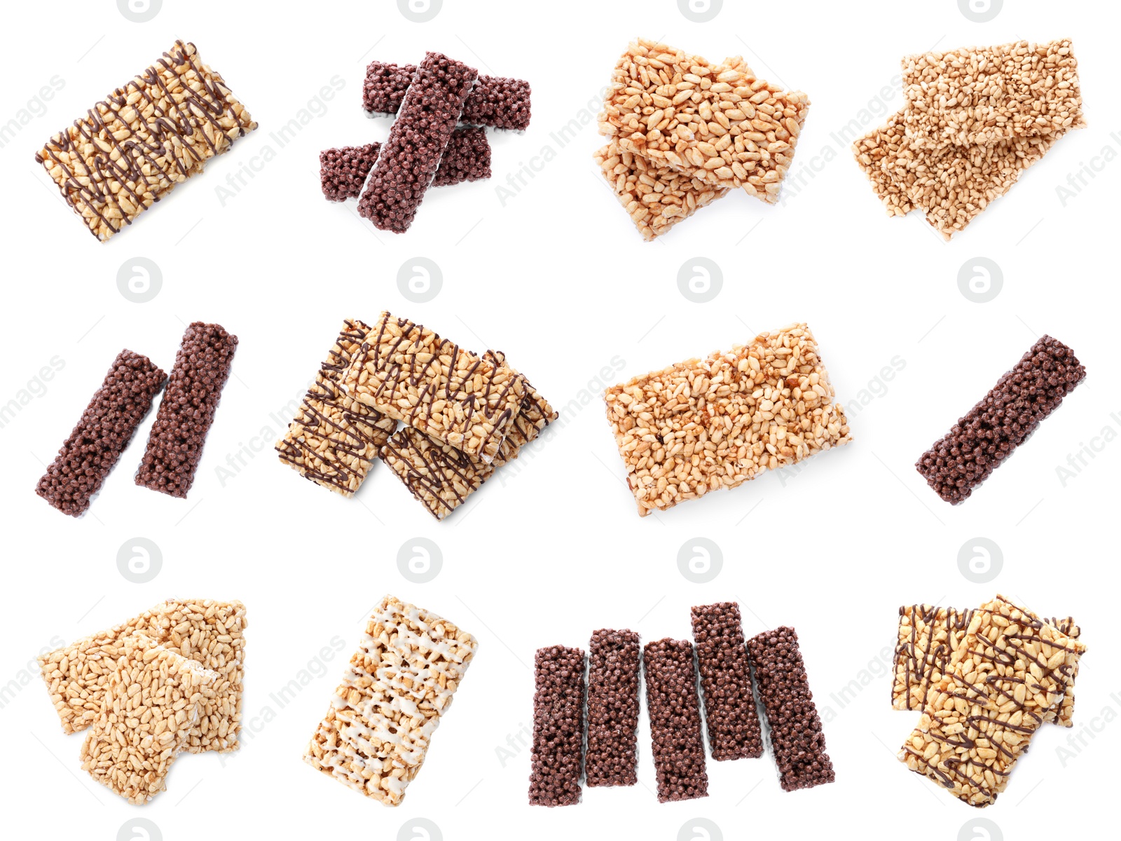 Image of Set of delicious rice crispy treats on white background, top view