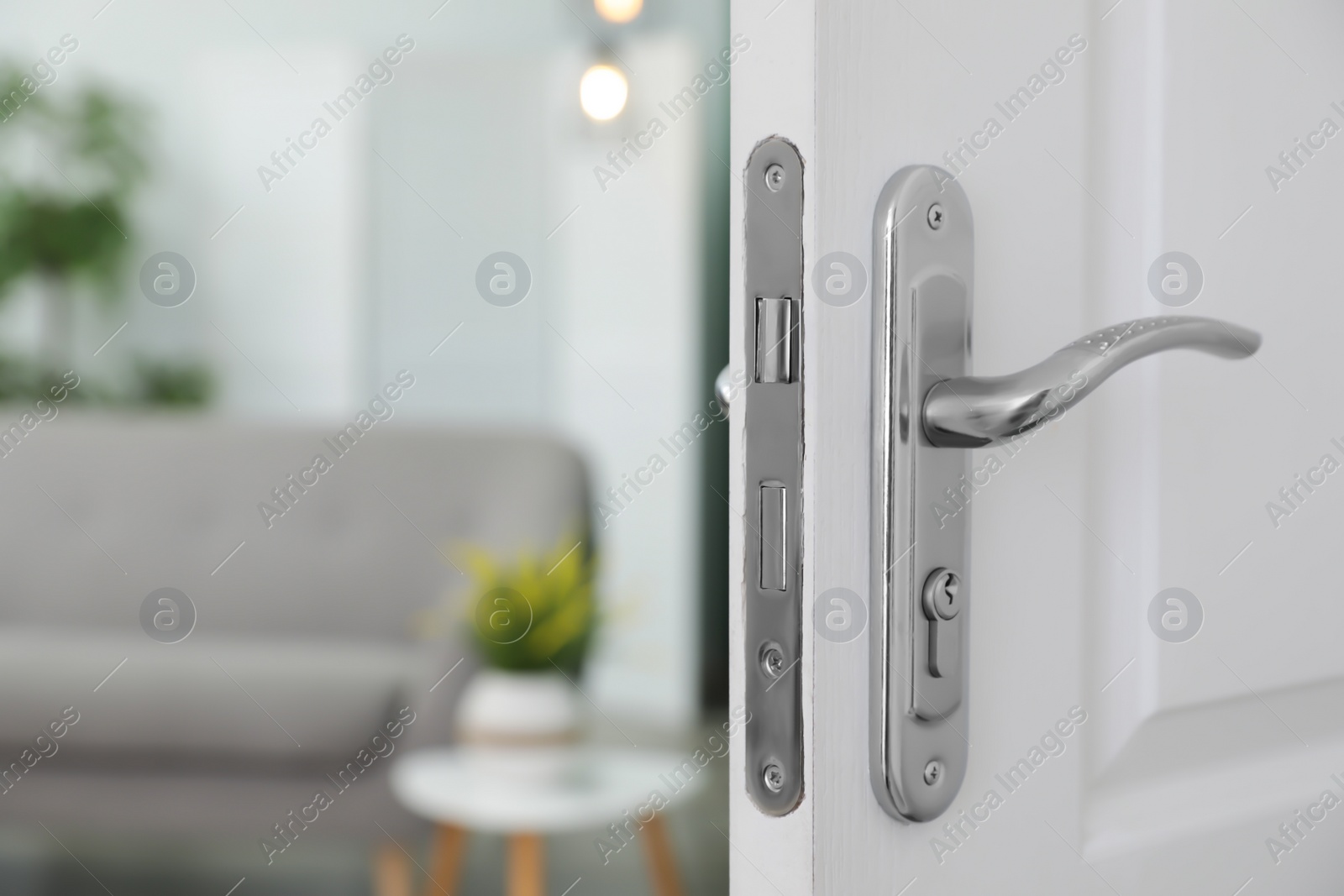 Photo of Open door and blurred view of living room on background