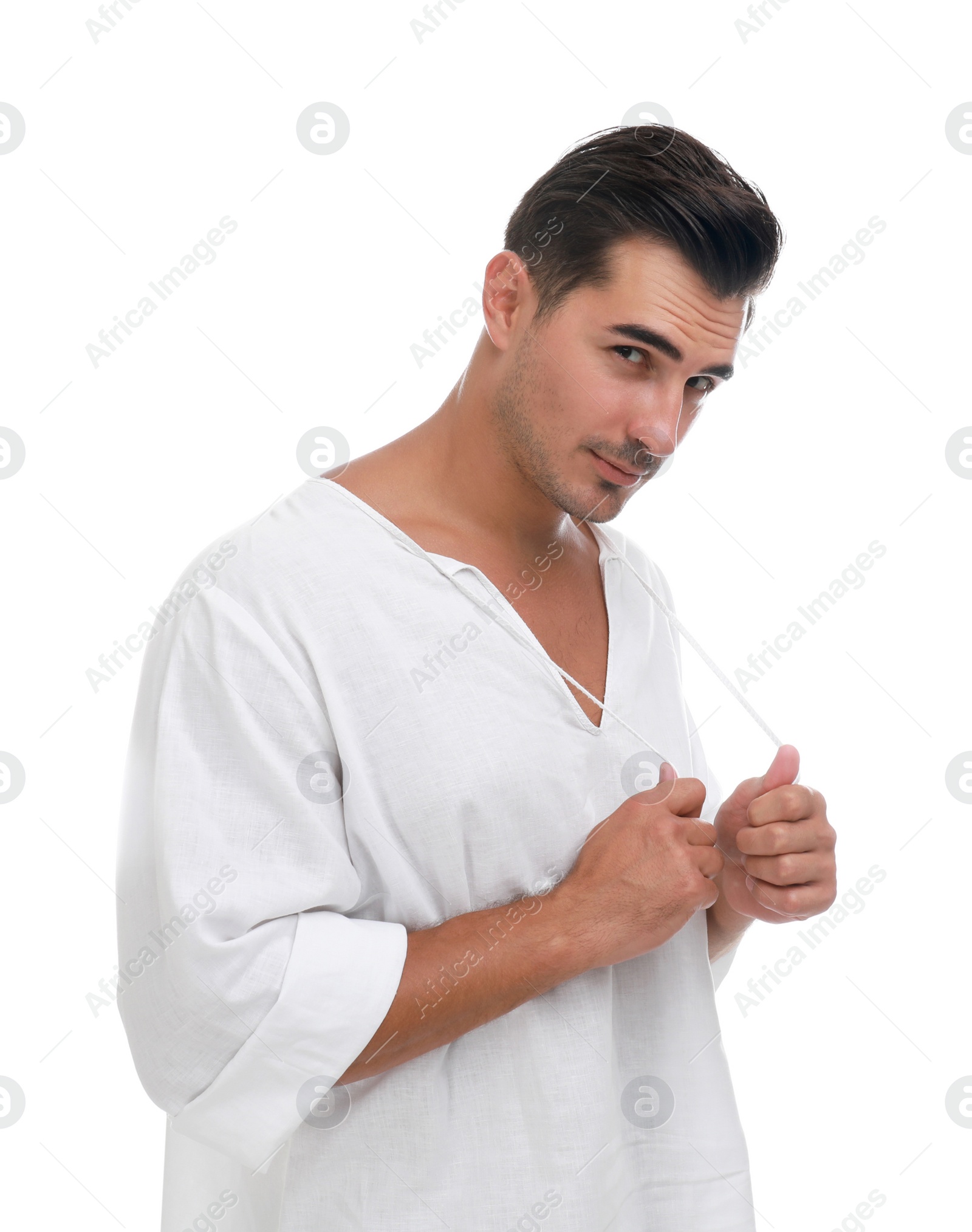 Photo of Portrait of handsome young man on white background