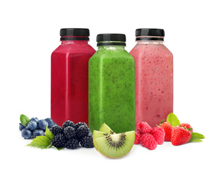 Image of Different delicious smoothies in bottles on white background