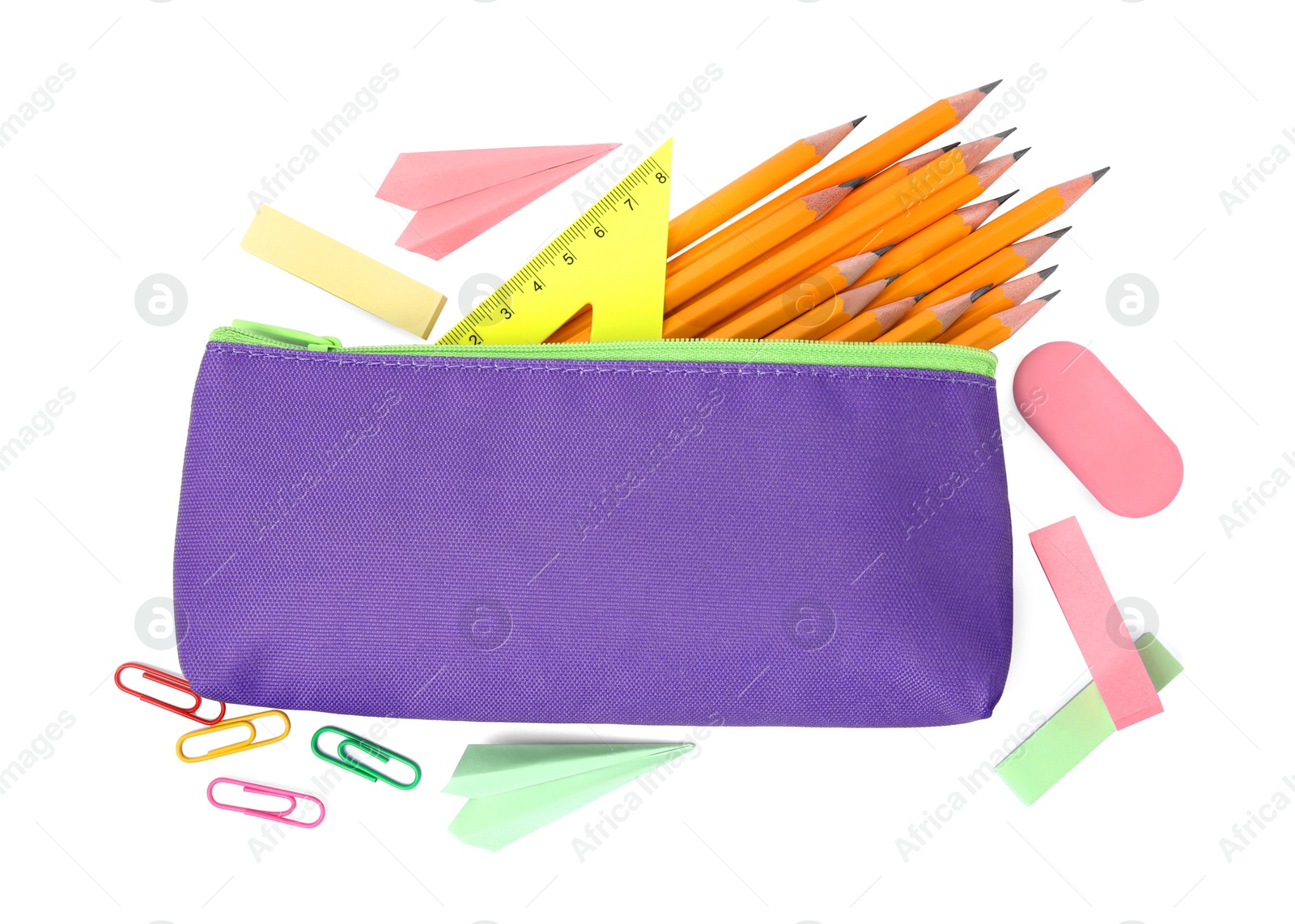 Photo of Pencil case with different school stationery on white background, top view