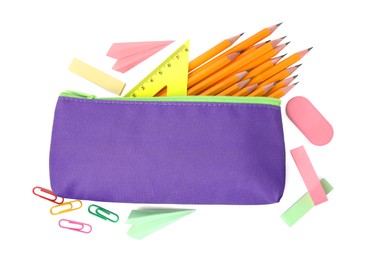Photo of Pencil case with different school stationery on white background, top view
