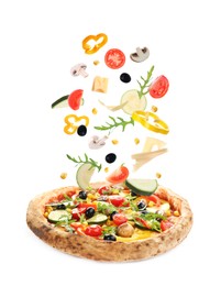 Image of Delicious pizza and flying ingredients on white background