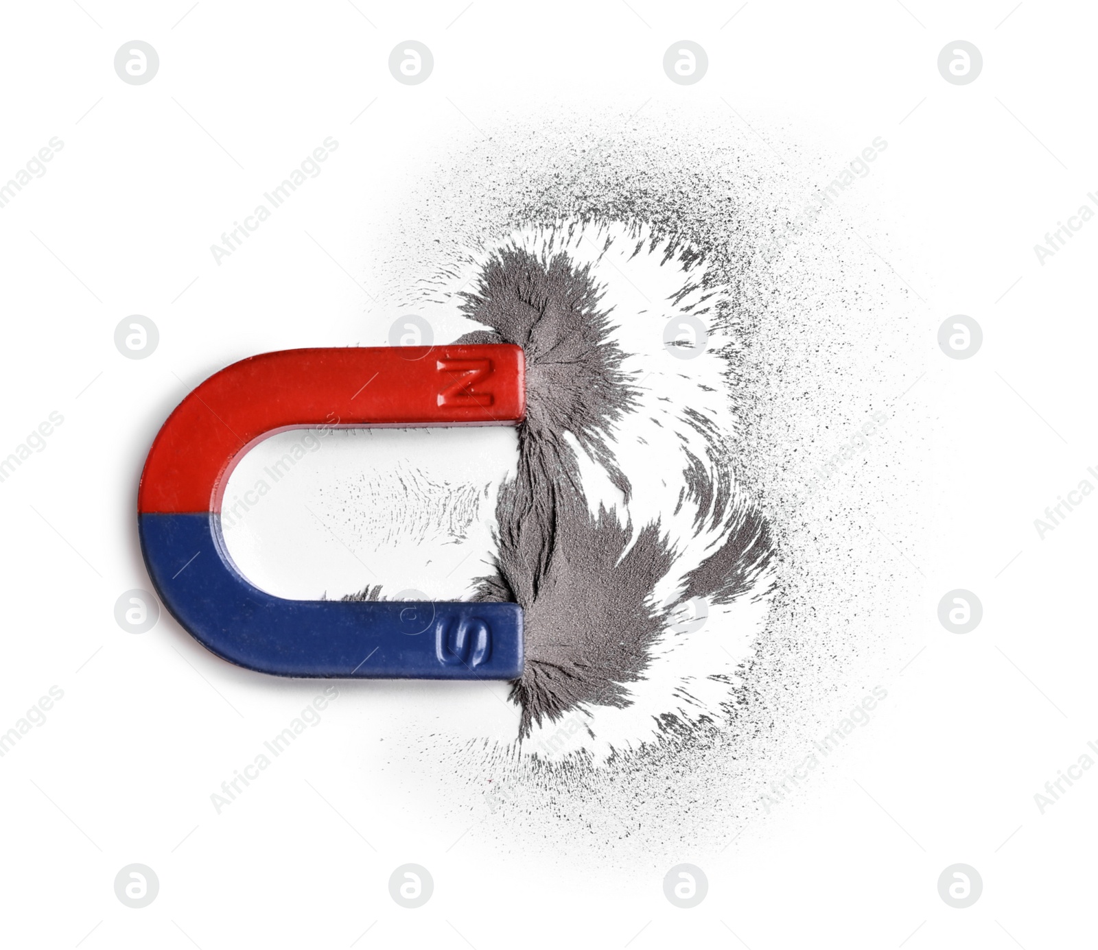 Photo of Red and blue horseshoe magnet with iron filings on white background, top view