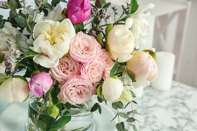 Vase with bouquet of beautiful fragrant flowers, closeup