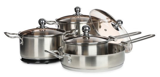 Photo of Set of stainless steel cookware on white background