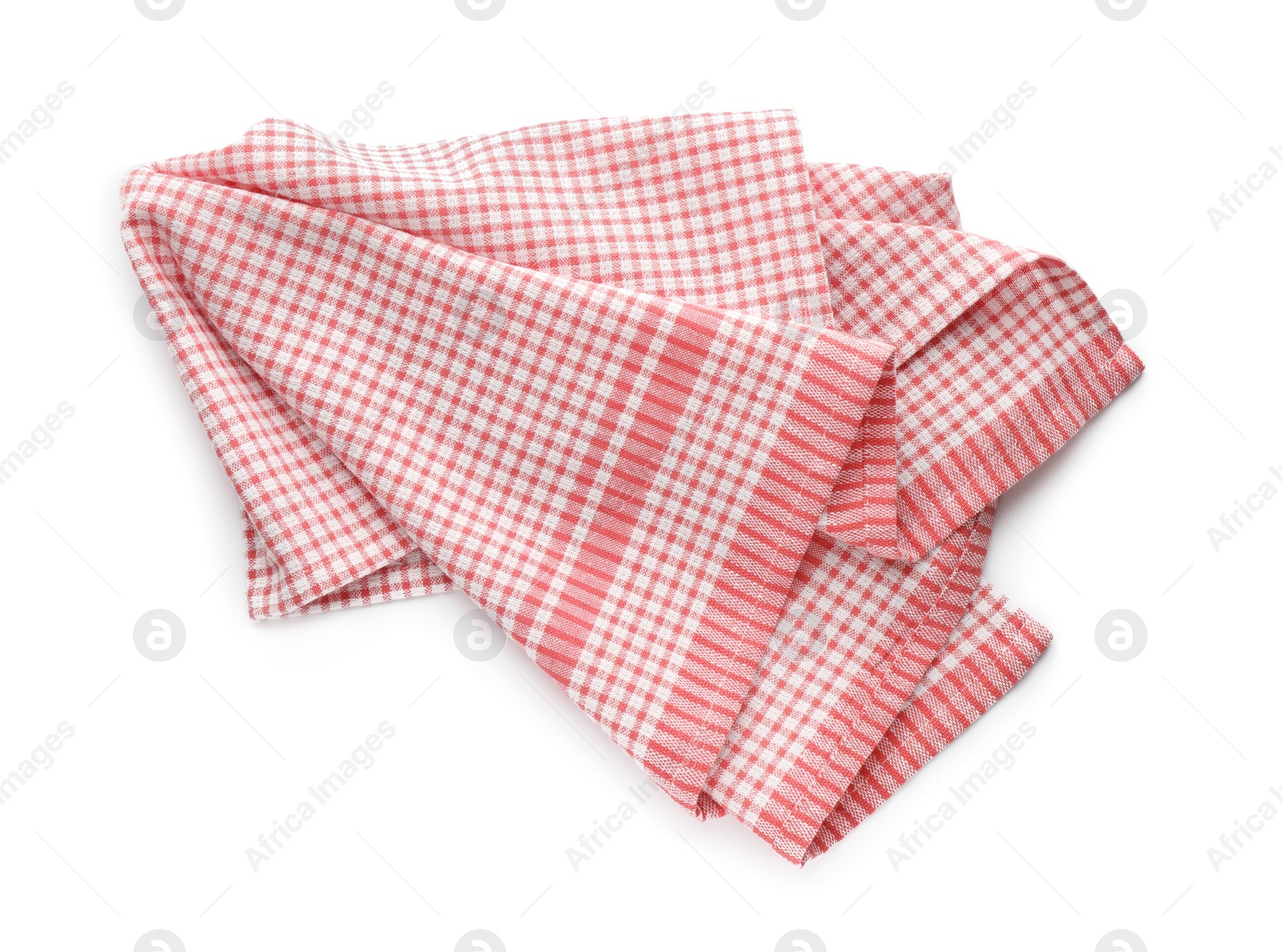 Photo of Red checkered kitchen towel isolated on white, top view