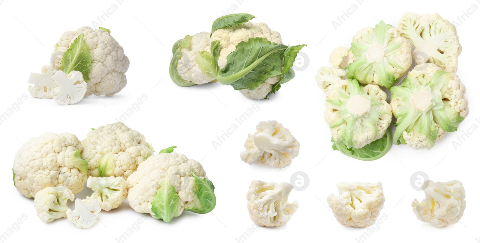 Image of Collage of fresh raw cauliflowers on white background