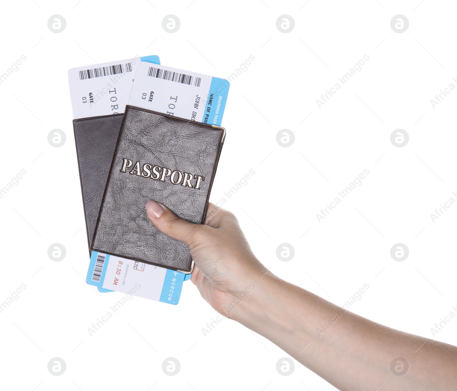 Photo of Woman holding passports with tickets isolated on white, closeup