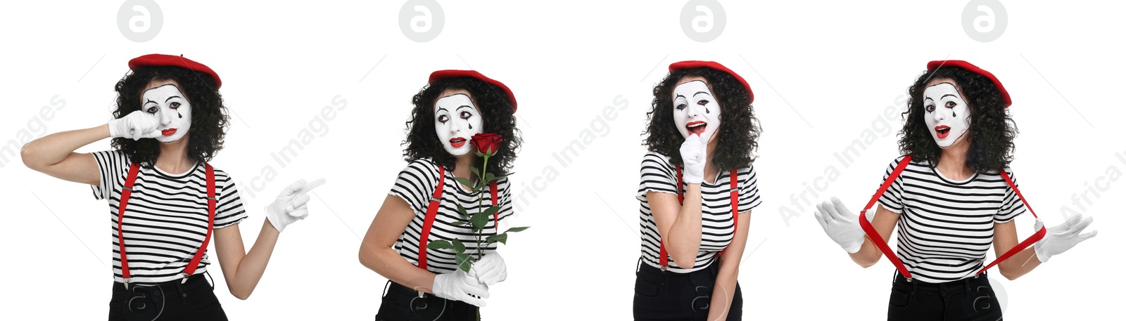 Image of Funny mime on white background, set of photos