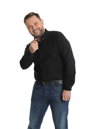 Photo of Portrait of happy mature man on white background