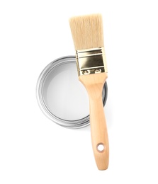 Paint can with brush on white background, top view