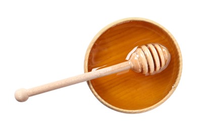 Tasty honey in bowl and dipper isolated on white, top view