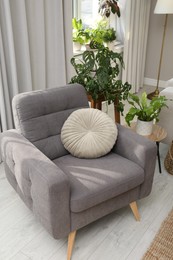 Photo of Comfortable armchair and houseplants indoors. Interior design