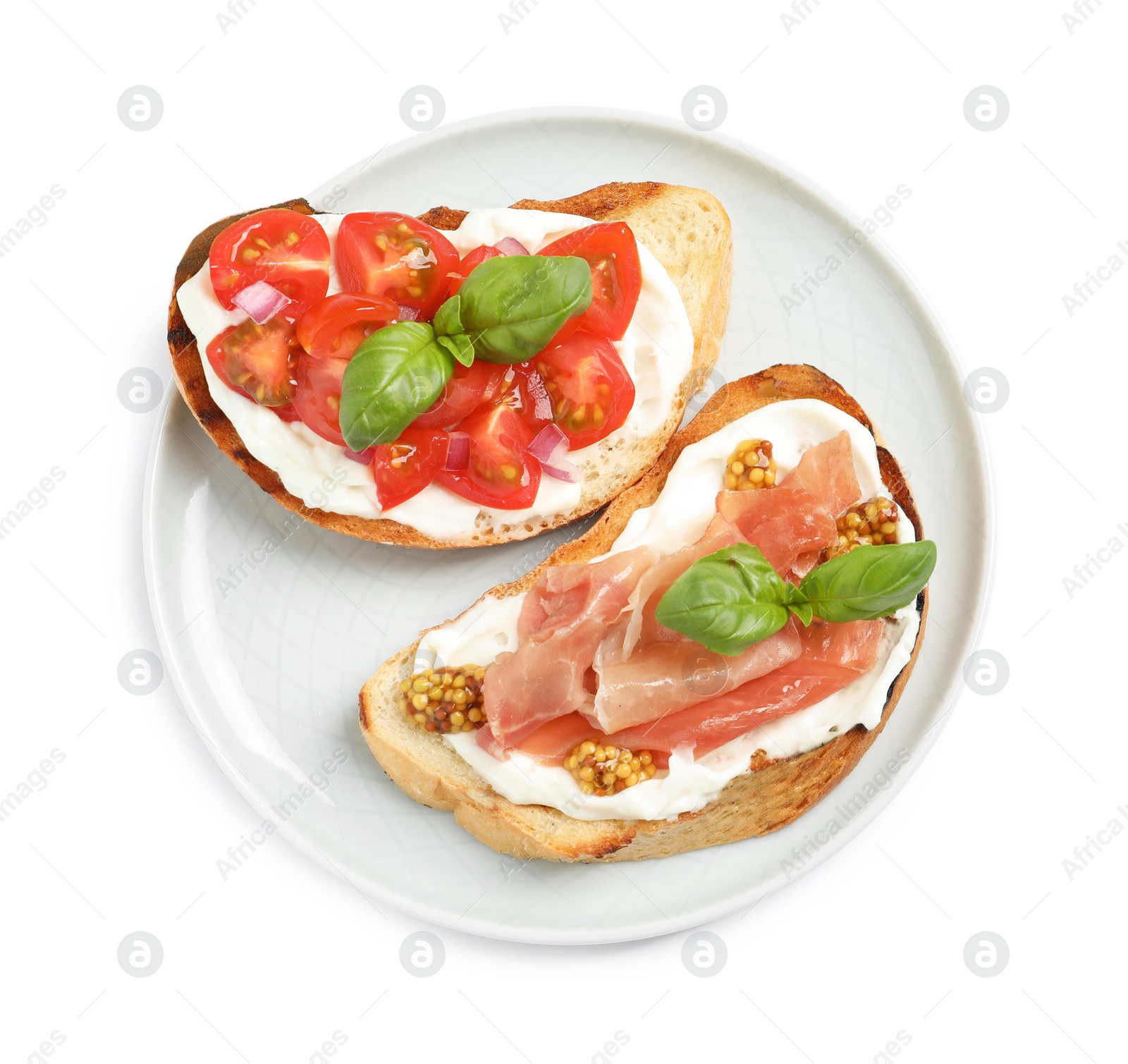 Photo of Plate with tasty bruschettas on white background, top view