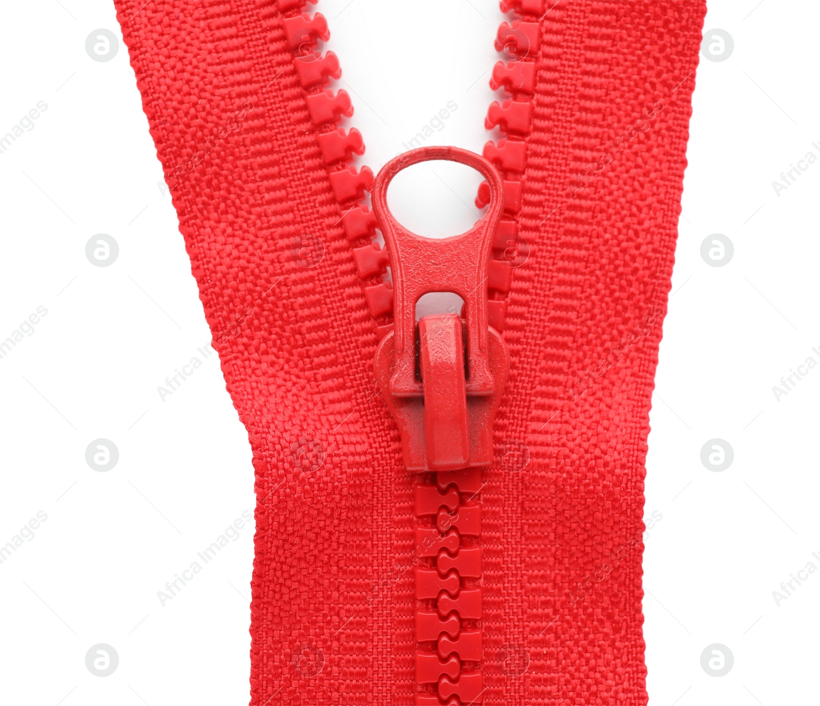 Photo of Red zipper on white background, top view