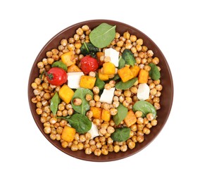 Photo of Dish with delicious fresh chickpea salad isolated on white, top view