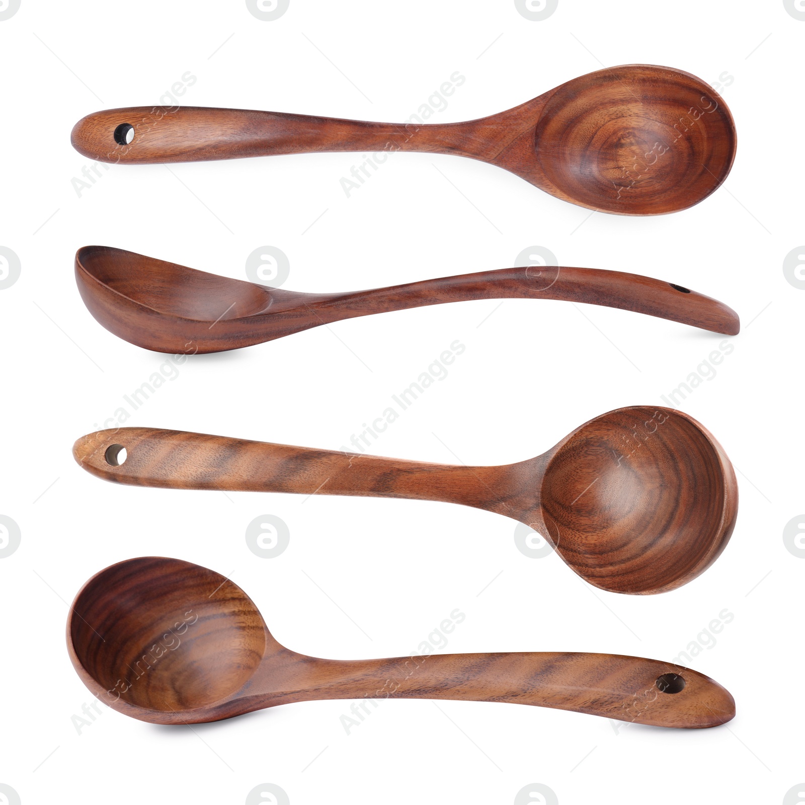 Image of Wooden spoons on white background, collage. Cooking utensil