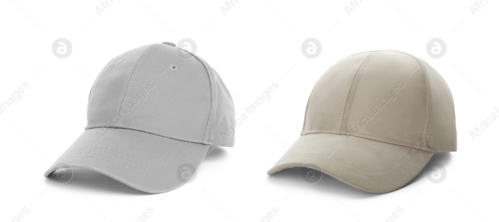 Image of Different baseball caps on white background, collage. Mock up for design