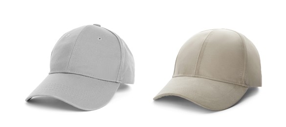 Different baseball caps on white background, collage. Mock up for design