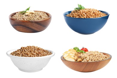 Set with tasty buckwheat porridge on white background