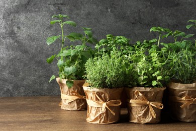 Photo of Different aromatic potted herbs on wooden table. Space for text