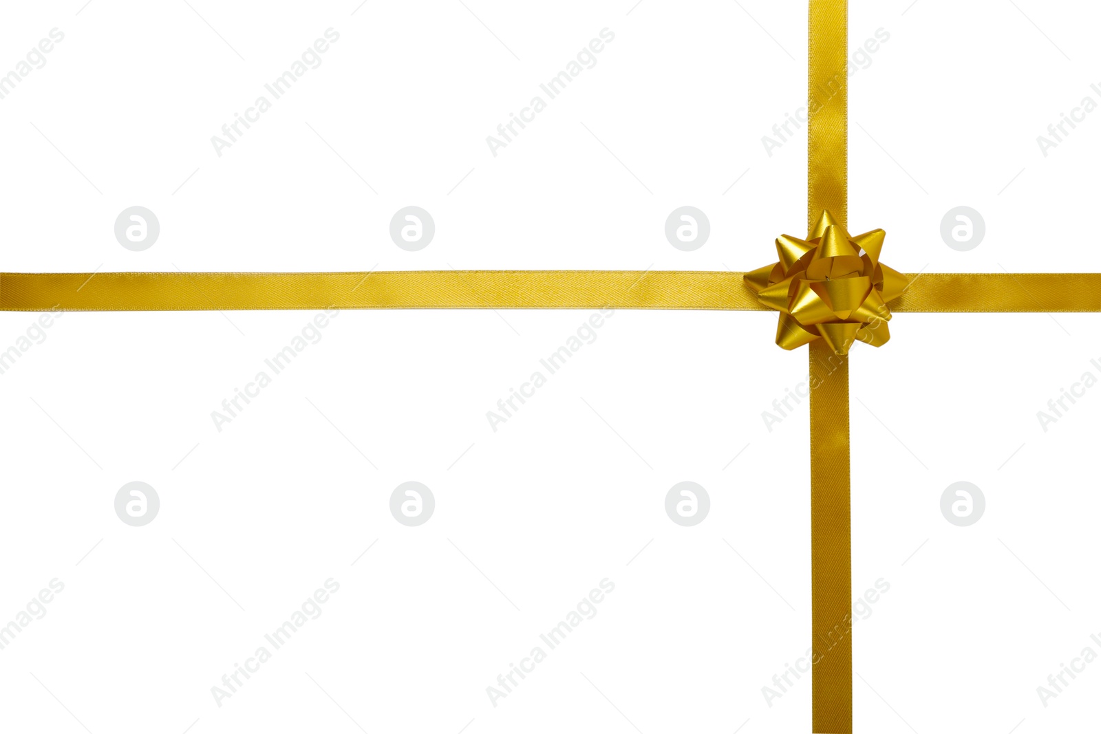 Photo of Golden ribbons with bow on white background, top view